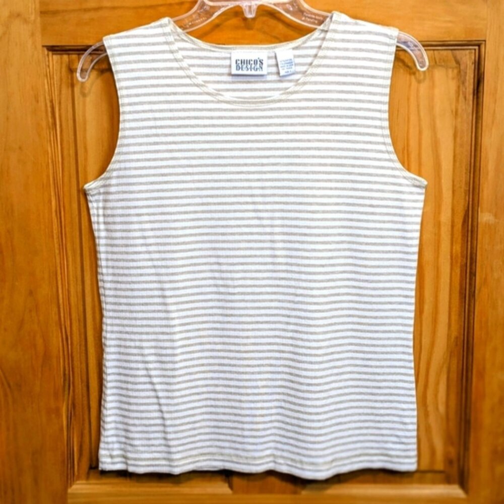 Chico’s Designs Women's Sz 3 Med Tank Top Beige Cream Stripes Sleeveless Stretch